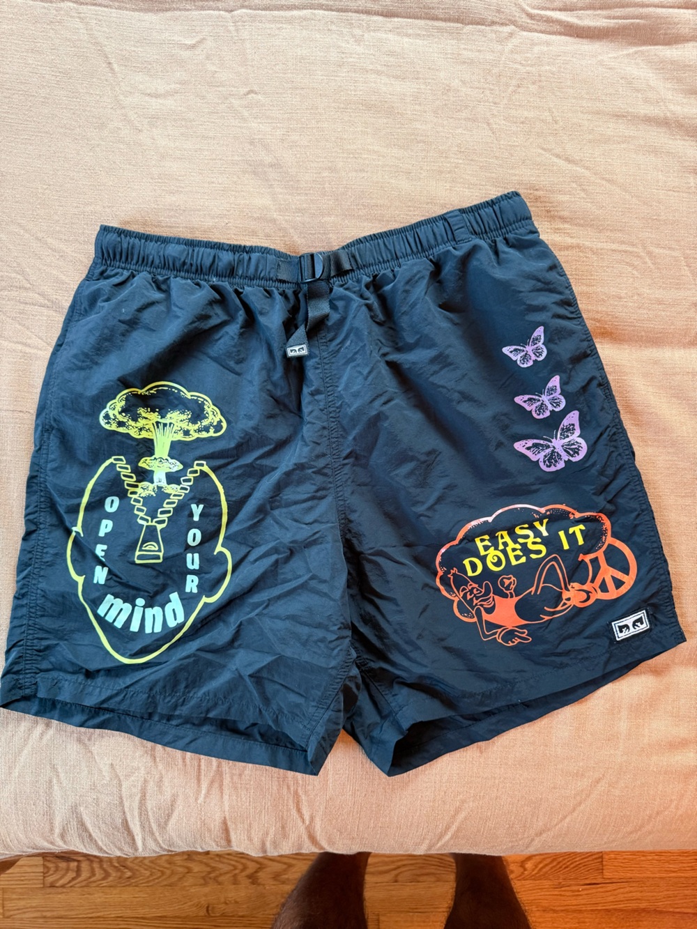 Obey Black Swim Trunks with Neon Green, Orange & Purple Graphics